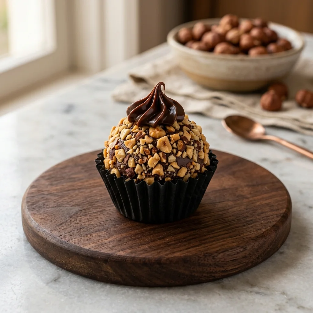 Brigadeiro Ferrero com crocante de avelã e finalização de chocolate.