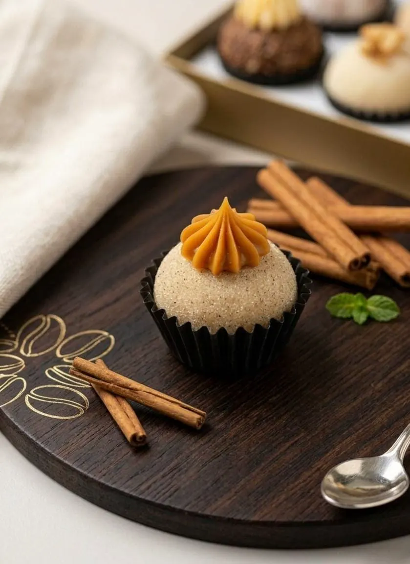 Churros — Brigadeiro branco envolvido em açúcar premium e canela, com um toque generoso de doce de leite.