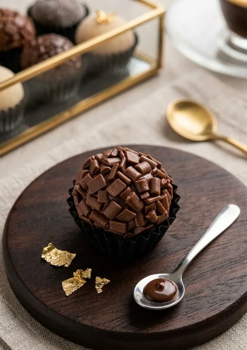 Clássico Gourmet — Brigadeiro de chocolate ao leite, envolto em granulados finos.