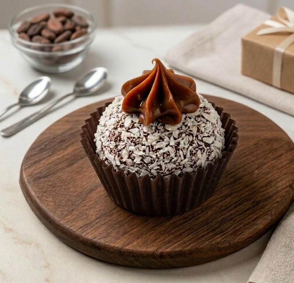 Prestígio — Brigadeiro de chocolate e brigadeiro de coco, envoltos em coco ralado e finalizados com cobertura de brigadeiro de chocolate.